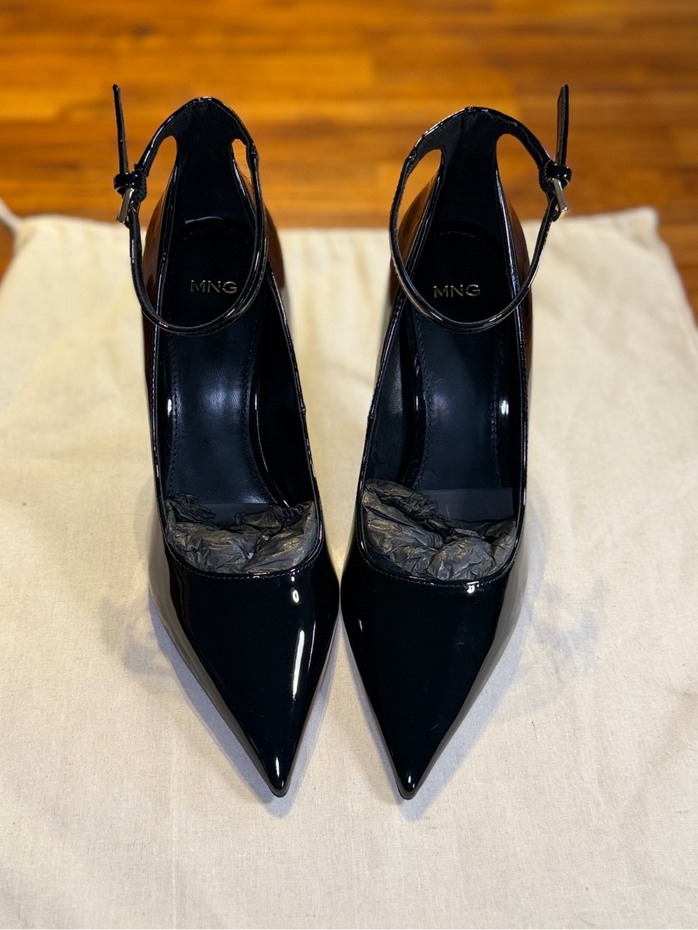 BRAND NEW Mango Black Patent Pointed-Toe Ankle-Strap Heels **Never Worn**